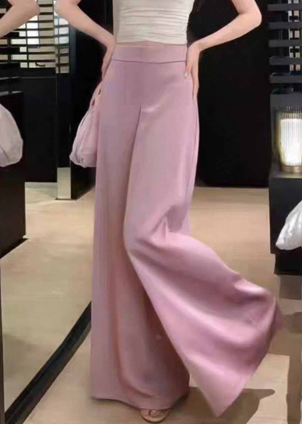 Pants Summer Silk High Women Leg Solid Pink Waist Wide
