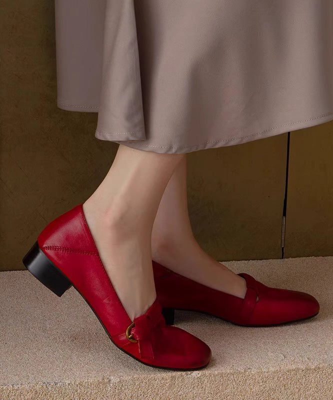 Comfy Chunky Red Shoes Leather Splicing Women Cowhide