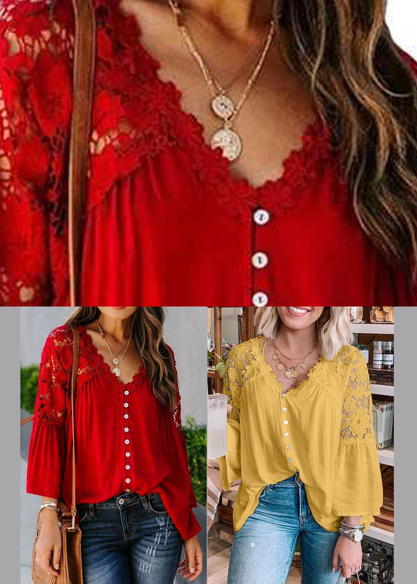 Top Lace Patchwork Solid Red Fall Women