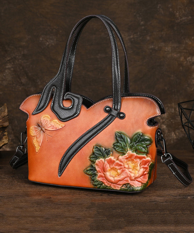 Leather Coffee Handbag Women Embossed Calf Tote Retro