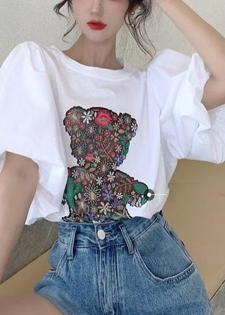 Tank Cotton Puff Bear Women White Print Tops Sleeve