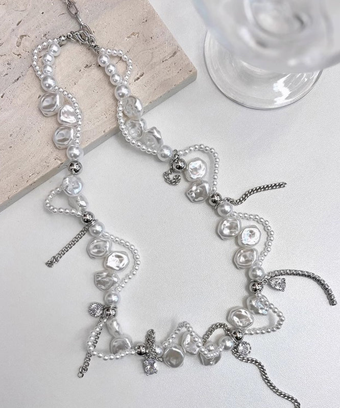 Lariat Necklace Zircon White Copper Pearl Chain Women