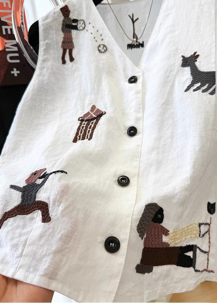 White Vest Sleeveless Embroideried Neck Cotton V Women