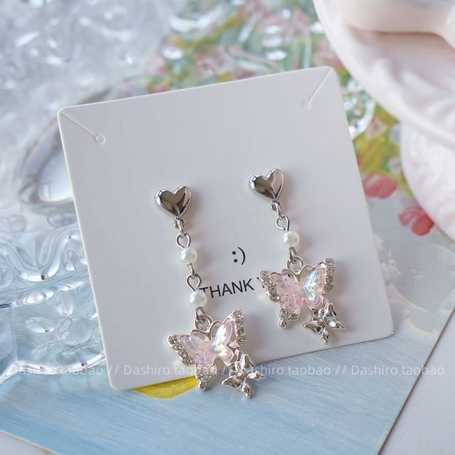 Drop / On Clip Earring Butterfly Rhinestone
