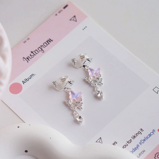 Clip-On Drop Faux Rhinestone Pearl Earring Butterfly /