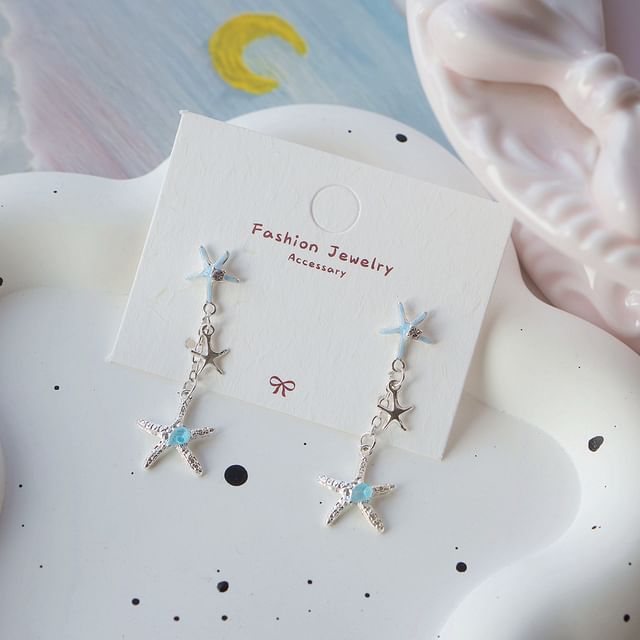 Sterling 925 Rhinestone Clip-On Earring / Starfish Drop Silver