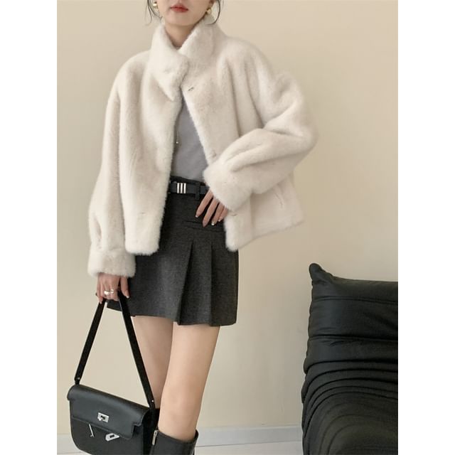Stand Collar Plain Faux Fur Single-Breasted Coat