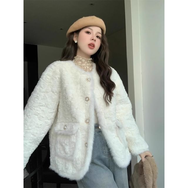 Crew Neck Fluffy Button-Up Plain Jacket