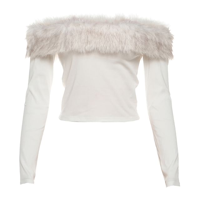 Long Sleeve Off Shoulder Panel Faux Fur Top