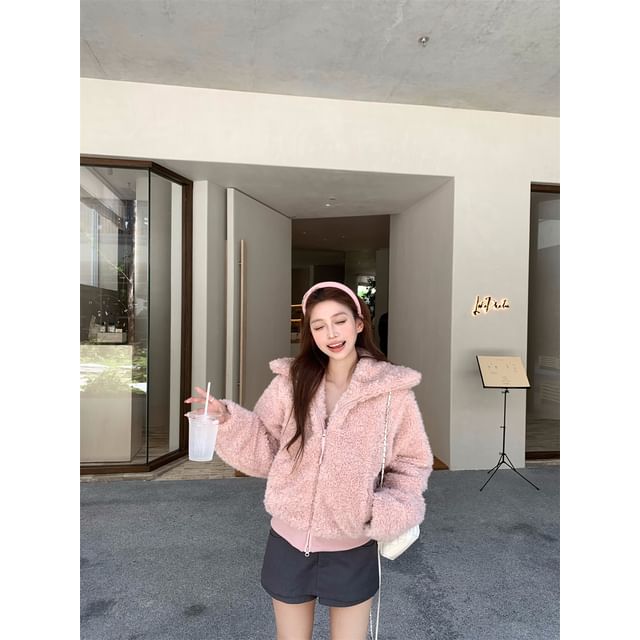 Faux Fur Zip-Up Crop Jacket