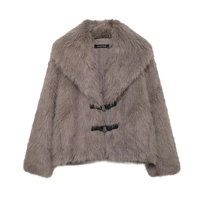 Collared Plain Faux Fur Buckle Jacket