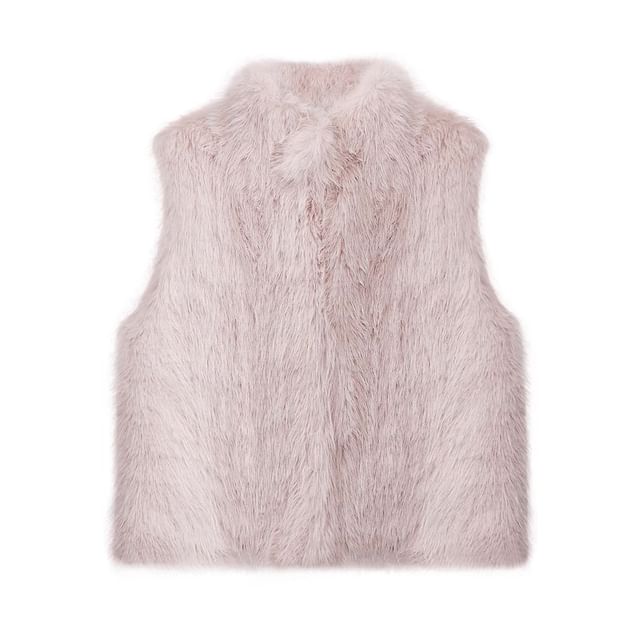Stand Collar Plain Faux Fur Vest