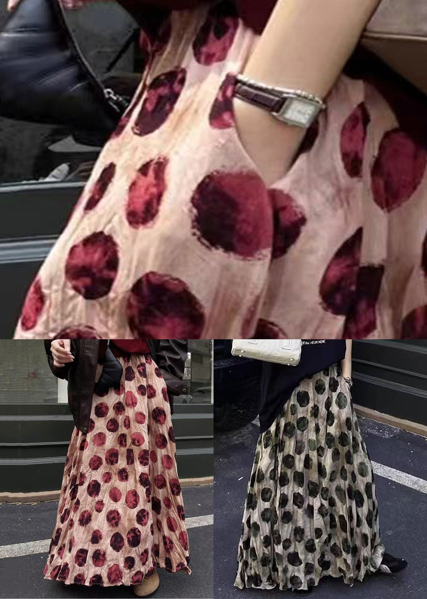 Loose Skirt Pockets Cotton Apricot Summer Dot