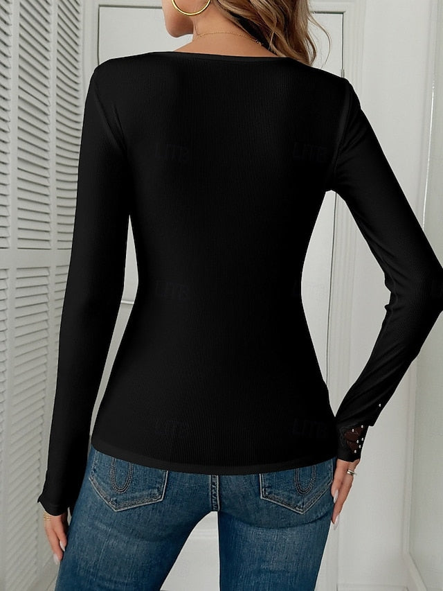 Women's Blouse Lace Trim Solid Color Elegant Stylish Basic