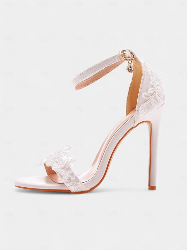 with Heels Lace Women's Stiletto Ankle Strap Wedding White
