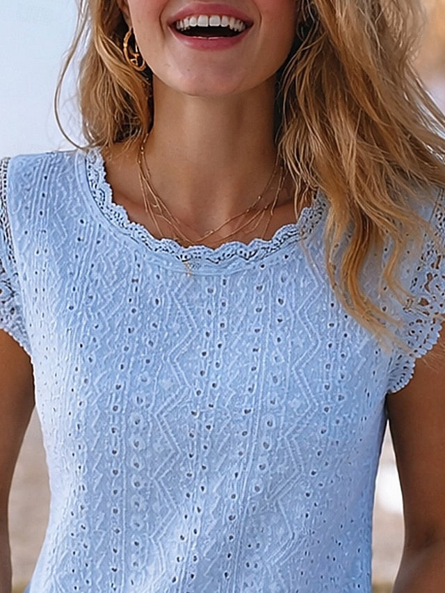Women's T Shirt Lace T-shirt Tee Top Plain Fashion Stylish