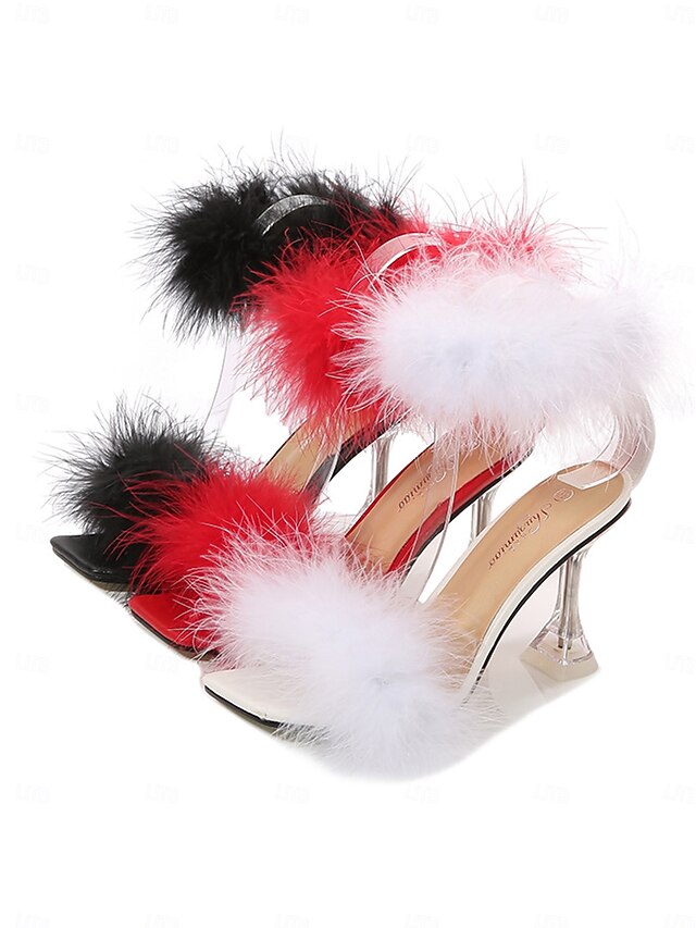 Feather-Embellished Heel Clear with Sandals Turquoise High