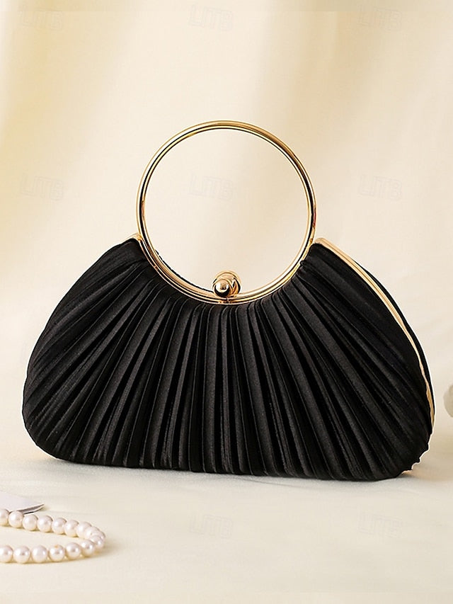Gold Clutch Velvet Handle with Pleated - Elegant Ring Green