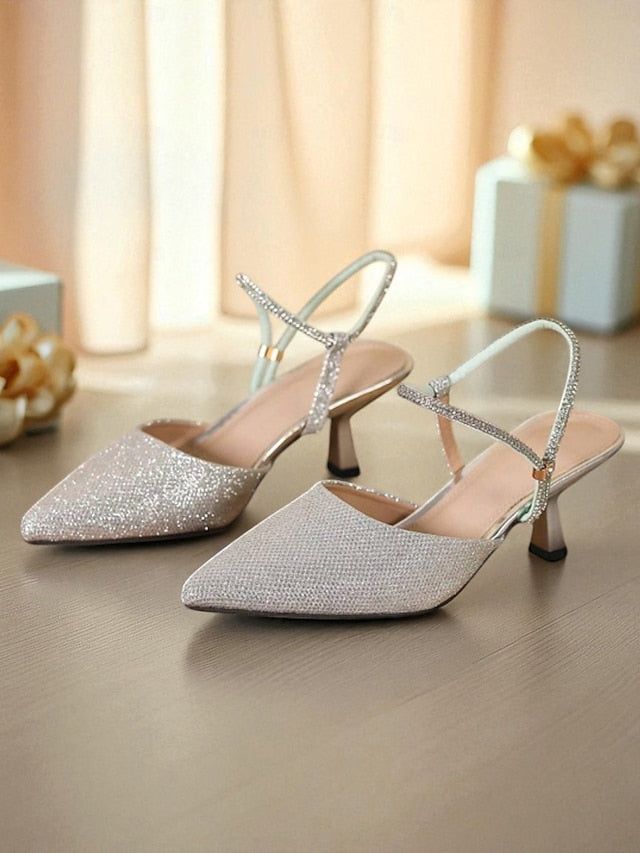 Glitter Toe Heels Slingback with Women's Pointed Silver