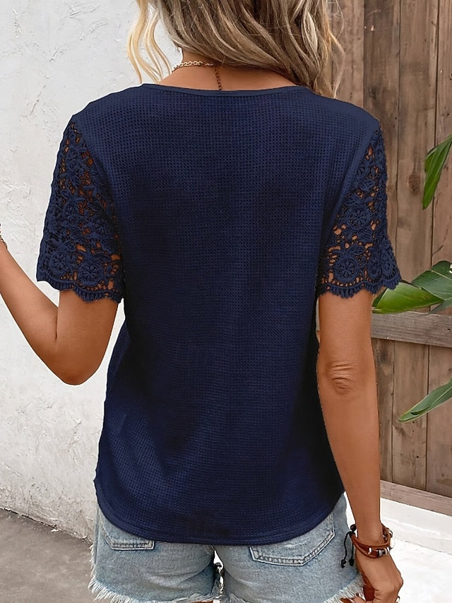 Women's Blouse Lace Tops Lace Patchwork Buttons Plain