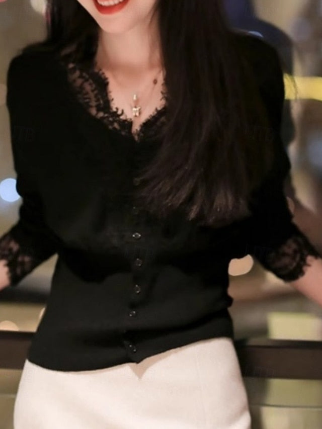 Women's Blouse Lace Tops Lace Patchwork Solid Color Stylish