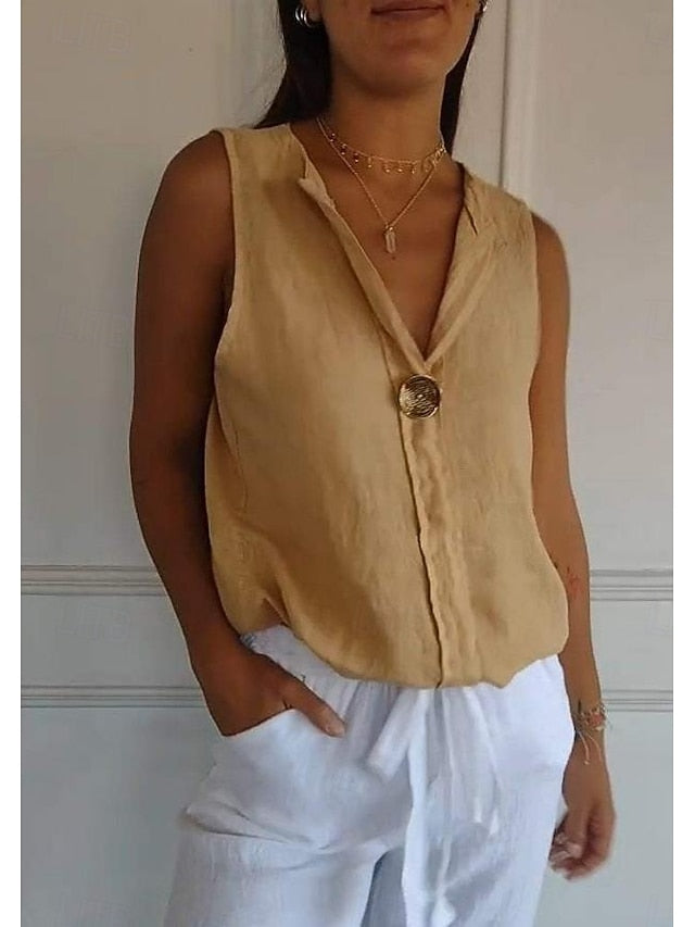 Women's Shirt Blouse Faux Cotton Linen Buttons Plain