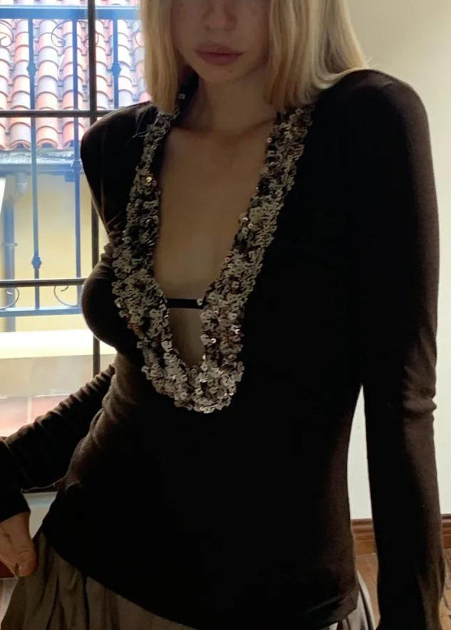 Spring U Neck Boho Coffee Top Sequins Silk