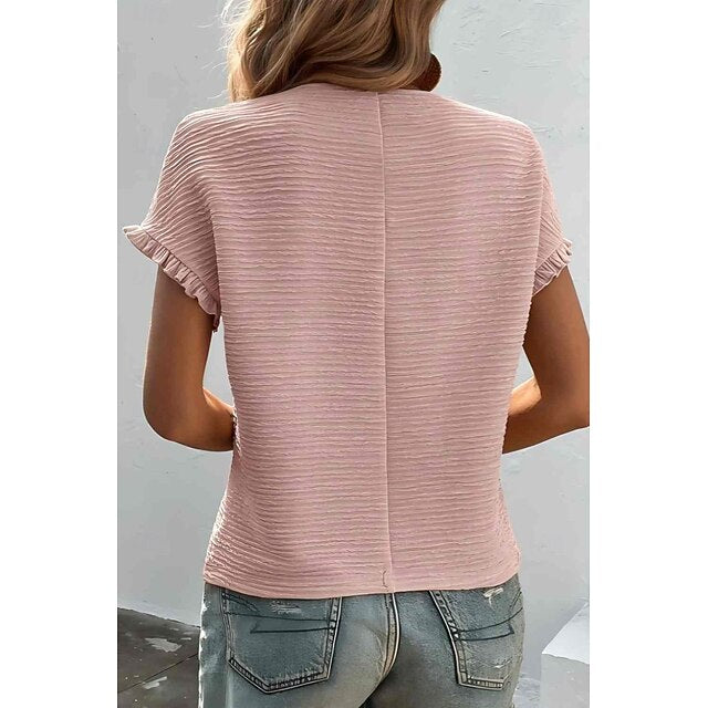 Women's Textured Knit Tops Ruched Ruffle Solid Color