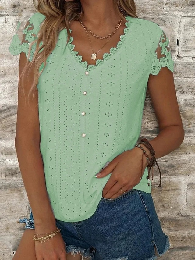 Women's Blouse Lace Eyelet Buttons Solid Color Stylish