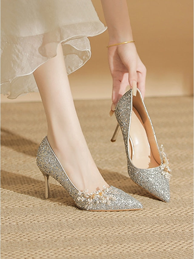 Women's Floral Heels Stiletto Silver with Glitter