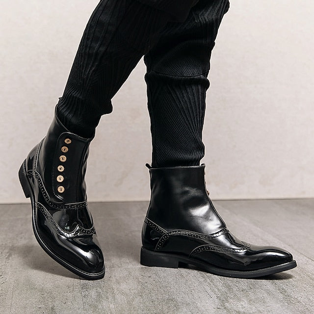 Wingtip Green Button Stylish Boots - Leather Vintage Men's