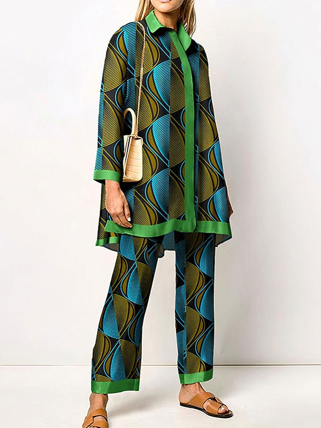 Women's 2 Pieces Elegant Vintage Fashion Shirt Blouse Pants