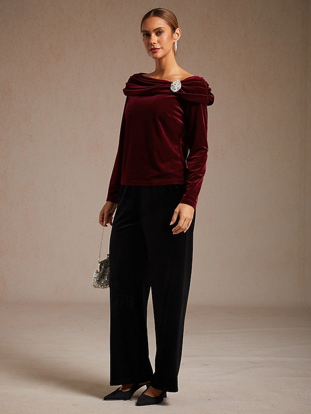 Christmas Women's Dressy Tops Velvet Elegant Long Sleeve
