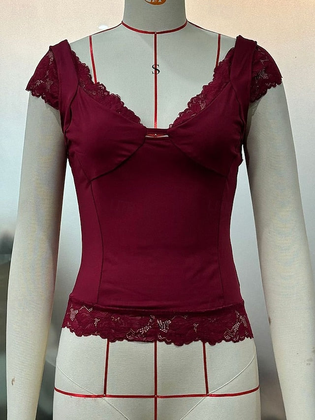 Women's Lace Splicing Top Blouse Lace Patchwork Plain
