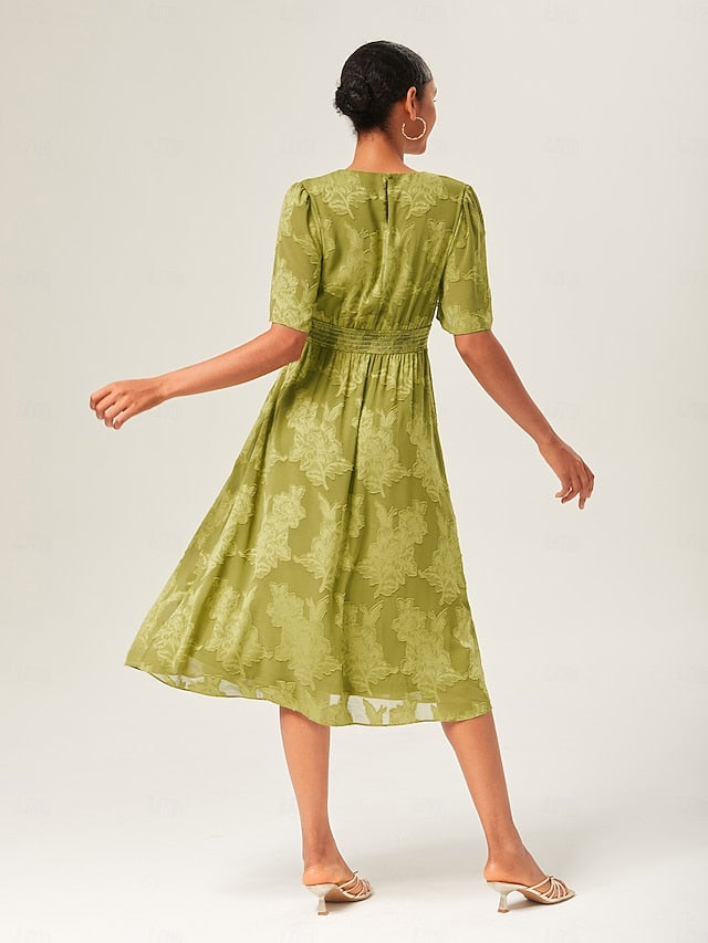 Women's Elegant Dress Green Short Sleeve Jacquard Jacquard