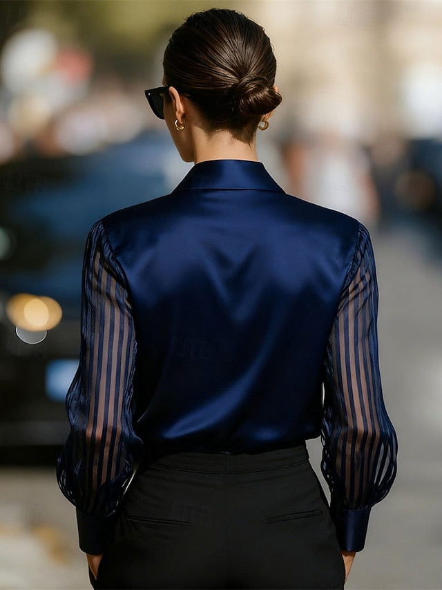 Women's Shirt Elegant Satin Top Blouse Ruched Lace