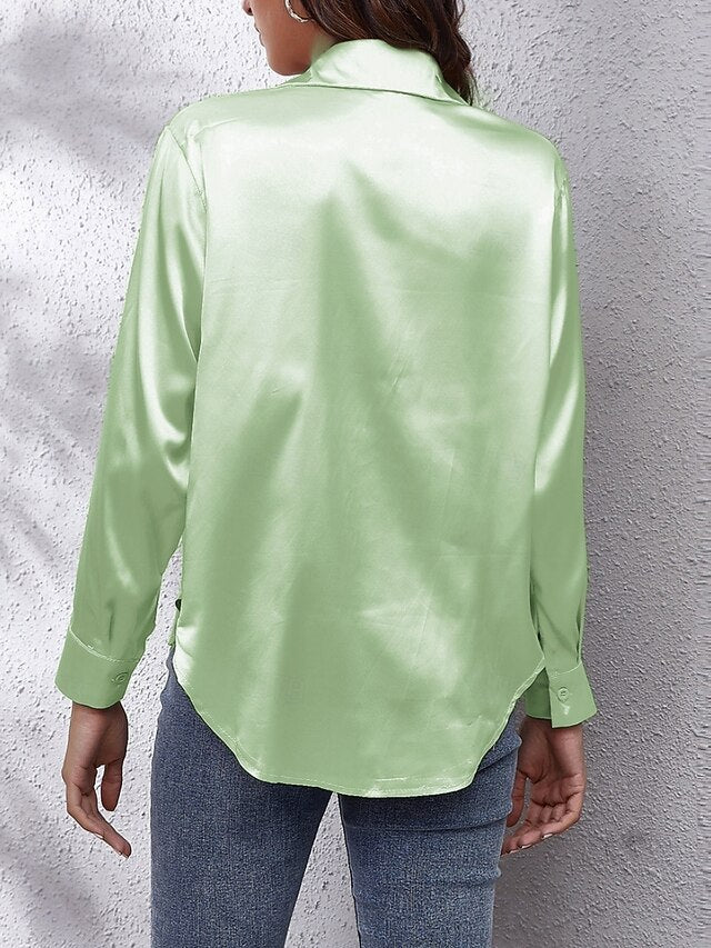 Women's Shirt Elegant Dressy Satin Top Buttons Solid Color