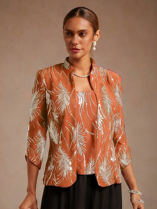 Women's Sequin Tops Twinset Sequins Feather Elegant 3/4