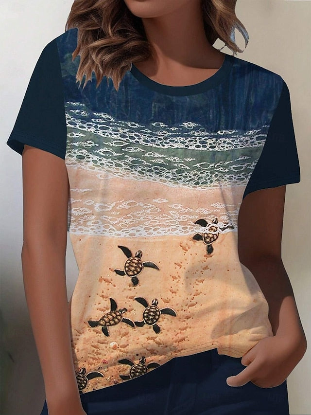 Women's T Shirt Print Ocean Casual Short Sleeve Round Neck