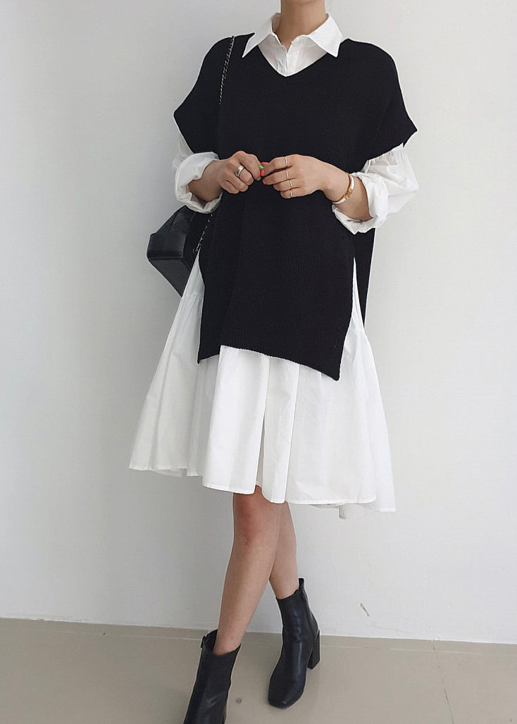 Knit Dresses Stylish Pieces Shirt Set Side Two Open And Vests