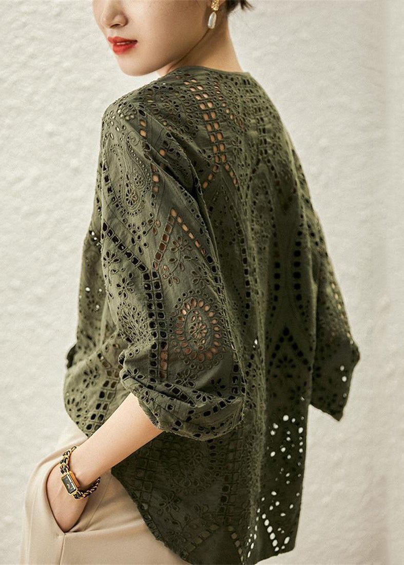 Khaki Out Hollow Blouses Women Sleeve O Light Cotton Long Neck