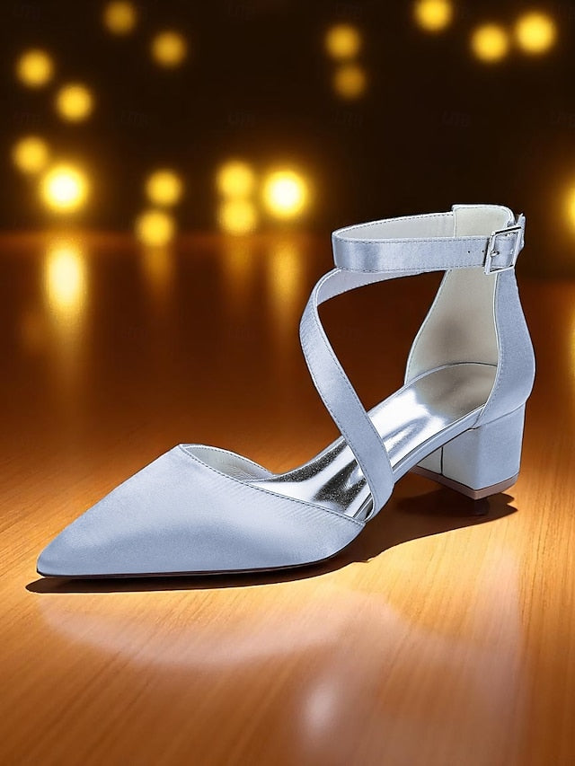 Pointed Toe Satin Champagne Block Heels - Women's