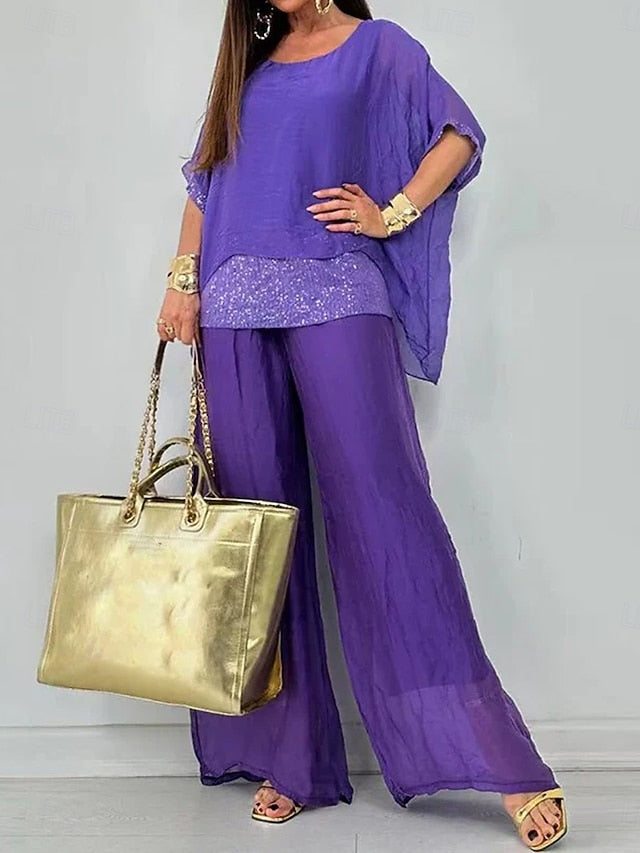 Women's Blouse Pants Trousers 3/4 Length Sleeve Round Neck