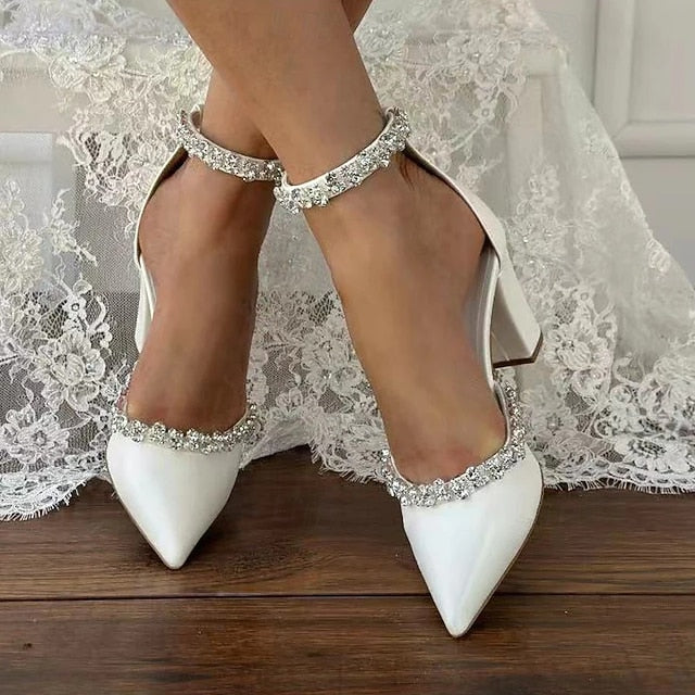with White Toe Heel Shoes Block Women's Pointed – Wedding