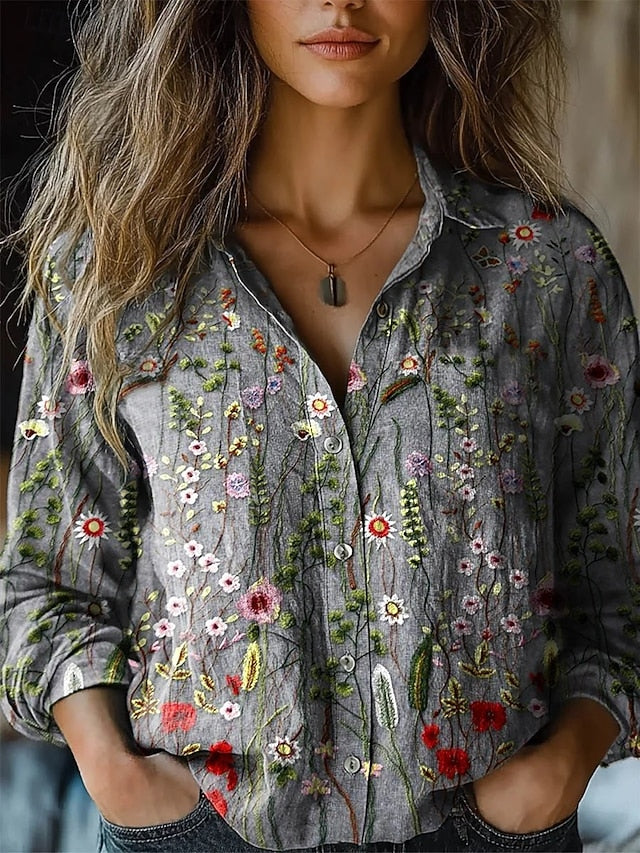 Women's Shirt Floral Retro Vintage Ethnic Long Sleeve Shirt