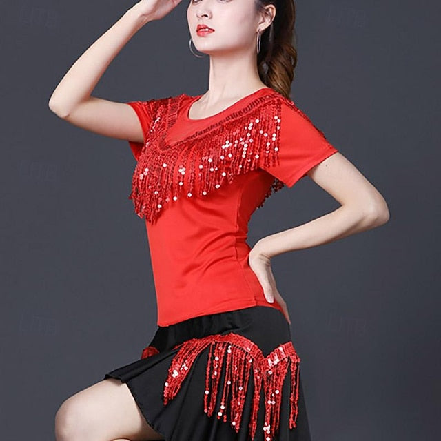 Latin Dance Ballroom Dance Top Tassel Pure Color Splicing