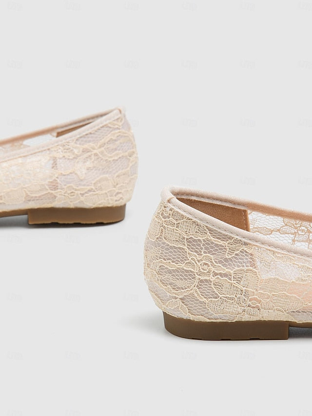 Elegant Beige with Ornate Flats Women's Lace Ballet