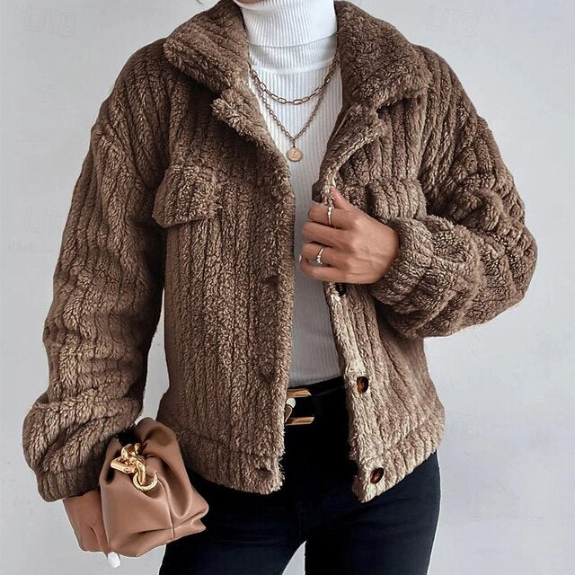 Warm Casual Coat Buttons Comfortable Plain Women's Teddy