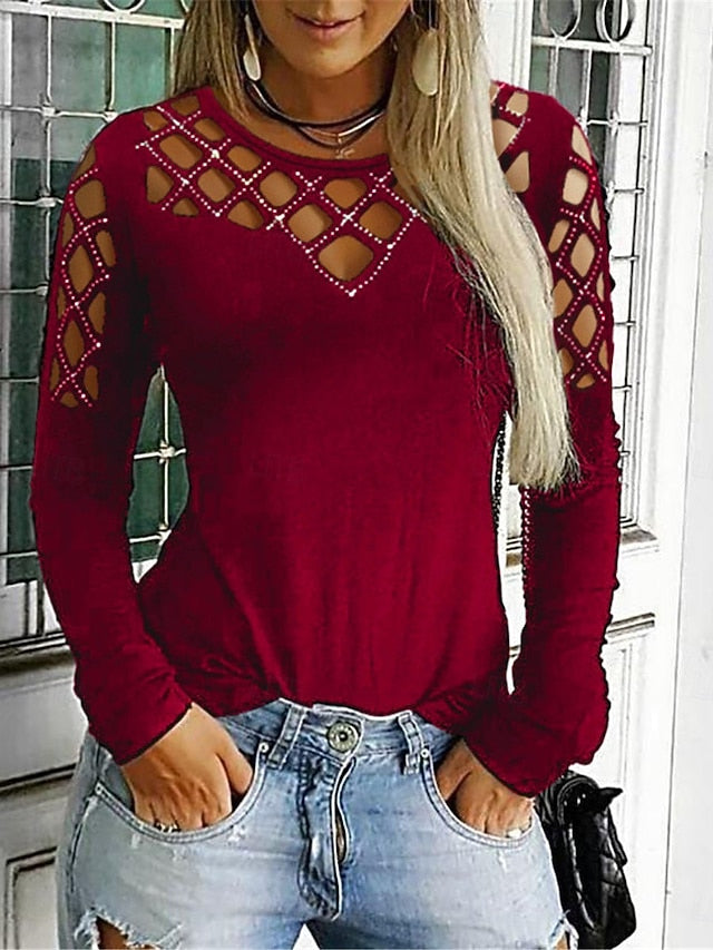 Women's T Shirt Patchwork Cut Out Plain Fashion Modern