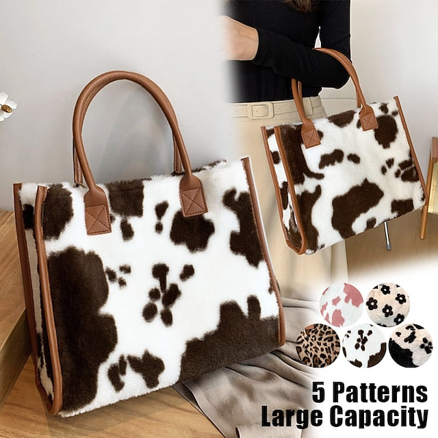 Leopard Bag Fur Brown Leather Women's Faux Print with Tote